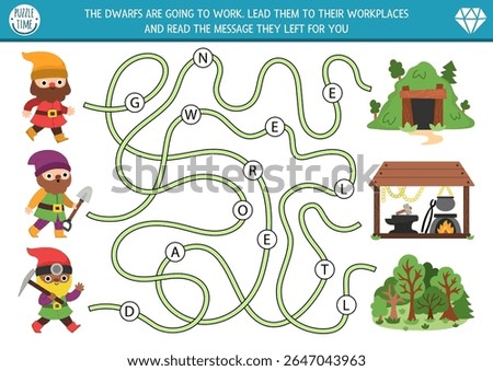 Dwarf maze for kids with elf miner, forester, blacksmith and letters. Fairytale preschool printable activity. Fantasy labyrinth game or puzzle. Lead gnomes to work and read the message
