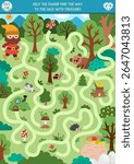 Dwarf maze for kids with forest landscape. Fairytale preschool printable activity with woods map and animals. Woodland fantasy labyrinth game, puzzle. Help the gnome find the way to treasure
