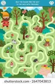 Dwarf maze for kids with forest landscape. Fairytale preschool printable activity with woods map and animals. Woodland fantasy labyrinth game, puzzle. Help the gnome find the way to treasure
