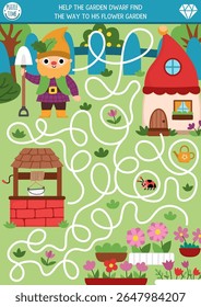 Dwarf maze for kids with garden landscape. Fairytale preschool printable activity with house, well, plants. Woodland fantasy labyrinth game, puzzle. Help the gnome find the way to flowers
