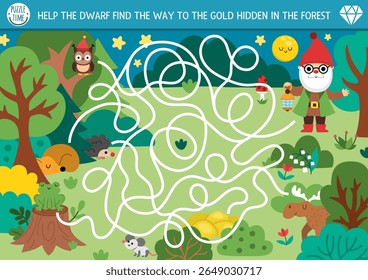 Dwarf maze for kids with night forest landscape. Fairytale preschool printable activity with woods and animals. Woodland fantasy labyrinth game, puzzle. Help the gnome find the way to gold
