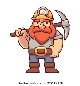 Dwarf miner in comic style. Cartoon bearded gnome with pickaxe, fantasy character design vector illustration.