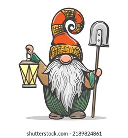 Zwergminierer. Gnome mit Schaufel- und Laternenvektorskizze einzeln, Cartoon-Bartminencharakter, Comic-Höhle-Mitte