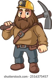 Dwarf miner with mining pick over his shoulder vector illustration