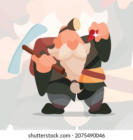 Dwarf miner with a pickaxe found a diamond, a fairy-tale character
