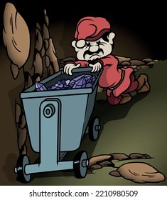 A Dwarf Miner in Red Clothes Pushes a Mine Cart - Colored Cartoon Illustration with Background, Vector