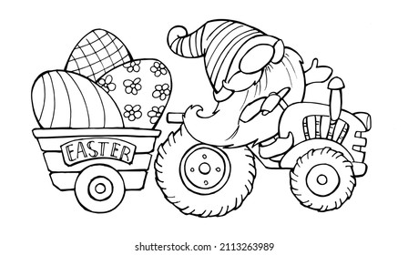 A dwarf on a tractor, carrying Easter eggs. Contour drawing by hand for children's coloring books