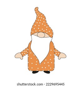 Dwarf in orange clothing on white background. Vector isolated image for children clothing print or clipart