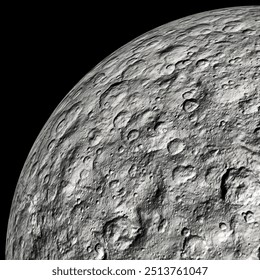 O planeta anão Ceres sobre um fundo preto. A parte superior esquerda é composta por 4 partes.