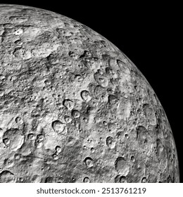 O planeta anão Ceres sobre um fundo preto. A parte superior direita é composta por 4 partes.