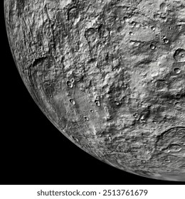 O planeta anão Ceres sobre um fundo preto. A parte inferior esquerda consiste em 4 partes.