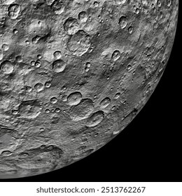 O planeta anão Ceres sobre um fundo preto. A parte inferior direita consiste em 4 partes.