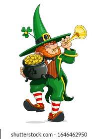 Dwarf with pot of golden coin. Gnome leprechaun with trumpet dancing irish traditional dance. Saint Patricks day. Isolated on white background. Eps10 vector illustration.