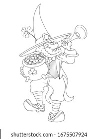 Dwarf with pot of golden coin. Gnome leprechaun with trumpet dancing irish traditional dance. Saint Patricks day. Isolated on white background. Eps10 vector illustration.