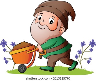 The dwarf is pulling the wheelbarrow with full of ground of illustration
