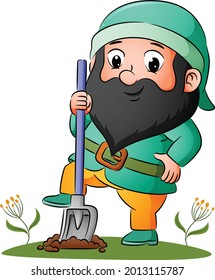 The dwarf is pushing the shovel with the feet for digging the ground of illustration