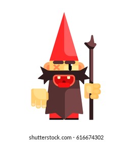 Enano con un sombrero rojo sonríe con tristeza. Cuento de hadas, fantástico, mágico y colorido carácter