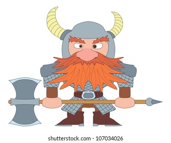 Dwarf, redhead warrior in armor and helmet standing with battle ax, funny comic cartoon character. Vector