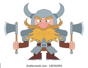 Dwarf, redhead warrior in armor and helmet standing with battle ax, funny comic cartoon character. Vector