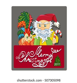 Dwarf and a rooster near the Christmas tree. Christmas card on a gray background.

 Happy New Year and Christmas.- Stock Vector.