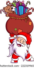 The dwarf santa claus is holding the big sack full of the christmas wishes from the kids of illustration