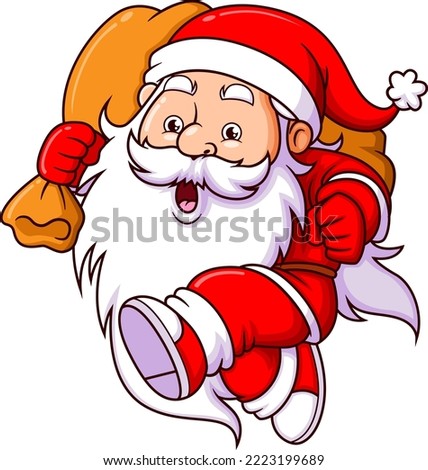 The dwarf santa claus is running with the big sack of christmas gift of illustration