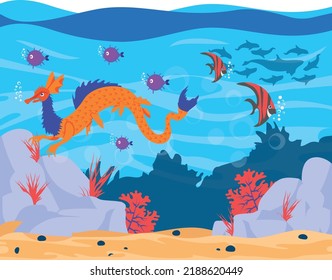 Dwarf Seahorse Deep Ocean Concept, Cartoon Aquatic Animals And Fishes Swimming Vector Icon Design, Wildlife Seabed Scenery Symbol, Tropical Sea Under Water Surface Stock Illustration, 