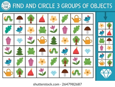 Anões buscam e encontram o jogo com o gnomo ou símbolos da floresta. Atenção habilidades puzzle com rã, flor, folha, árvore. Atividade de impressão de floresta mágica, quebra-cabeça de pesquisa. Localizar grupos de objetos
