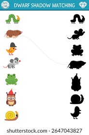 Dwarf shadow matching activity with forest animals and insects. Fairytale puzzle with mole, bird, frog, mouse, snail. Find correct silhouette printable worksheet, game. Magic forest page for kids 
