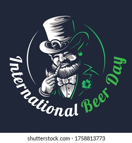 Dwarf with a smoking pipe. Vector elf or leprechaun character illustration on a black background to international beer day celebrating on august