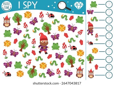 Dwarf I spy game for kids. Searching and counting activity with gnome, frog, butterfly, tree, flower. Magic forest printable worksheet for preschool children. Simple woodland spotting puzzle
