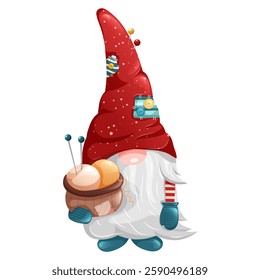 Dwarf tailor with beard and colorful tall hat holding a basket of yarn and knitting needles. Vector illustration cartoon style. 