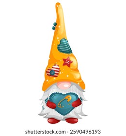 Dwarf tailor with beard and colorful tall hat with needle and pin cushion. Vector illustration cartoon style.  