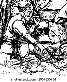 Dwarf, two men sitting on rock facing each other, one of them is eating, small bag and knife kept on ground, vintage line drawing or engraving illustration