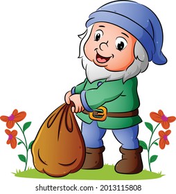 The dwarf is tying the big ground sack in the garden of illustration 