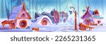 Dwarf village houses covered with snow in winter. Vector cartoon illustration of fairy tale gnome settlement in forest with cute stone huts, round windows, lantern and watermill. Fantasy game scene