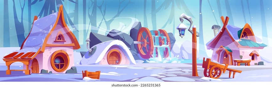 Dwarf village houses covered with snow in winter. Vector cartoon illustration of fairy tale gnome settlement in forest with cute stone huts, round windows, lantern and watermill. Fantasy game scene svg