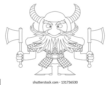 Dwarf warrior in armor and helmet standing with battle ax, funny comic cartoon character, contour. Vector