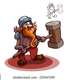 Dwarf Warrior with a Large Wooden Mallet and iron Helmet. Vector Illustration isolated on a white background, outline version of the character also available on separated layer.  