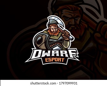 Dwarf Krieger Maskottchen Sport Logo Design. Warrior-Maskottchen-Vektorgrafik-Logo. Mythologie Zwerg-Maskottdesign für Krieger, Emblem-Design für die Betreuung Team. Vektorgrafik