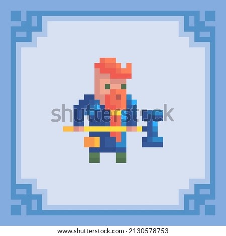 Dwarf warrior with weapon. Pixel art character. Vector illustration in 8 bit style