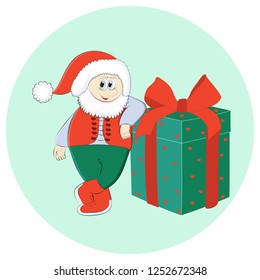 Dwarf with a white beard and a kind smile leaned on a large gift in a green box with a huge red bow and hearts