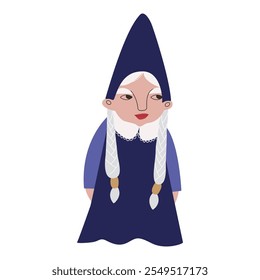A dwarf woman with two long white braids with gold hairpins, in a blue dress with a white lace collar and a pointed cap. Vector illustration for packaging, greeting cards and wrapping paper, gifts, po