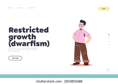 Dwarfism concept of landing page with disabled man with restricted growth disease. Young short disabled male with disability. Handicapped people lifestyle. Cartoon flat vector illustration