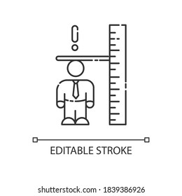 Dwarfism linear icon. Chronic genetic condition. Person with short height. Measure of businessman. Thin line customizable illustration. Contour symbol. Vector isolated outline drawing. Editable stroke