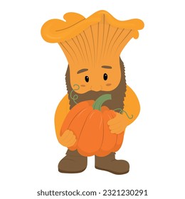 Dwarf-Mushroom with pumpkin. Vector fairy tale character illustration