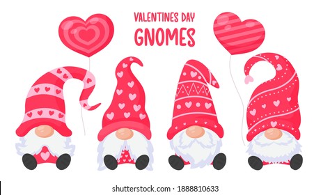 Dwarfs or gnomes hold pink heart balloons for valentine's day greeting card