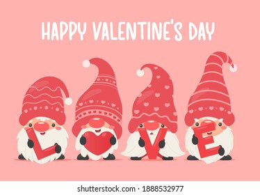 Dwarfs or gnomes hold pink hearts with "LOVE" letters for a Valentine's Day greeting card.