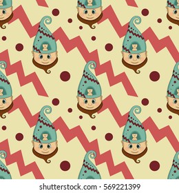 The dwarf's head seamless pattern. Background with cute gnome and little cat. Funny background for holiday decorations, greetings, and birthday cards, wrapping paper. Vector clip art.