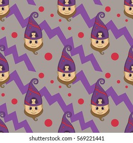 The dwarf's head seamless pattern. Background with cute gnome and little cat. Funny background for holiday decorations, greetings, and birthday cards, wrapping paper. Vector clip art.